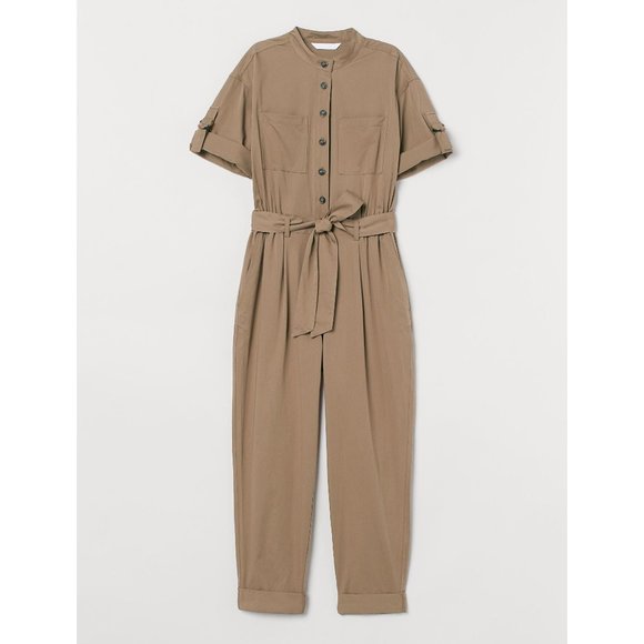 H&M Pants - H&M OLIVE TAN COTTON RAYON BUTTON-UP SHORT SLEEVE CUFFED JUMPSUIT L NWT